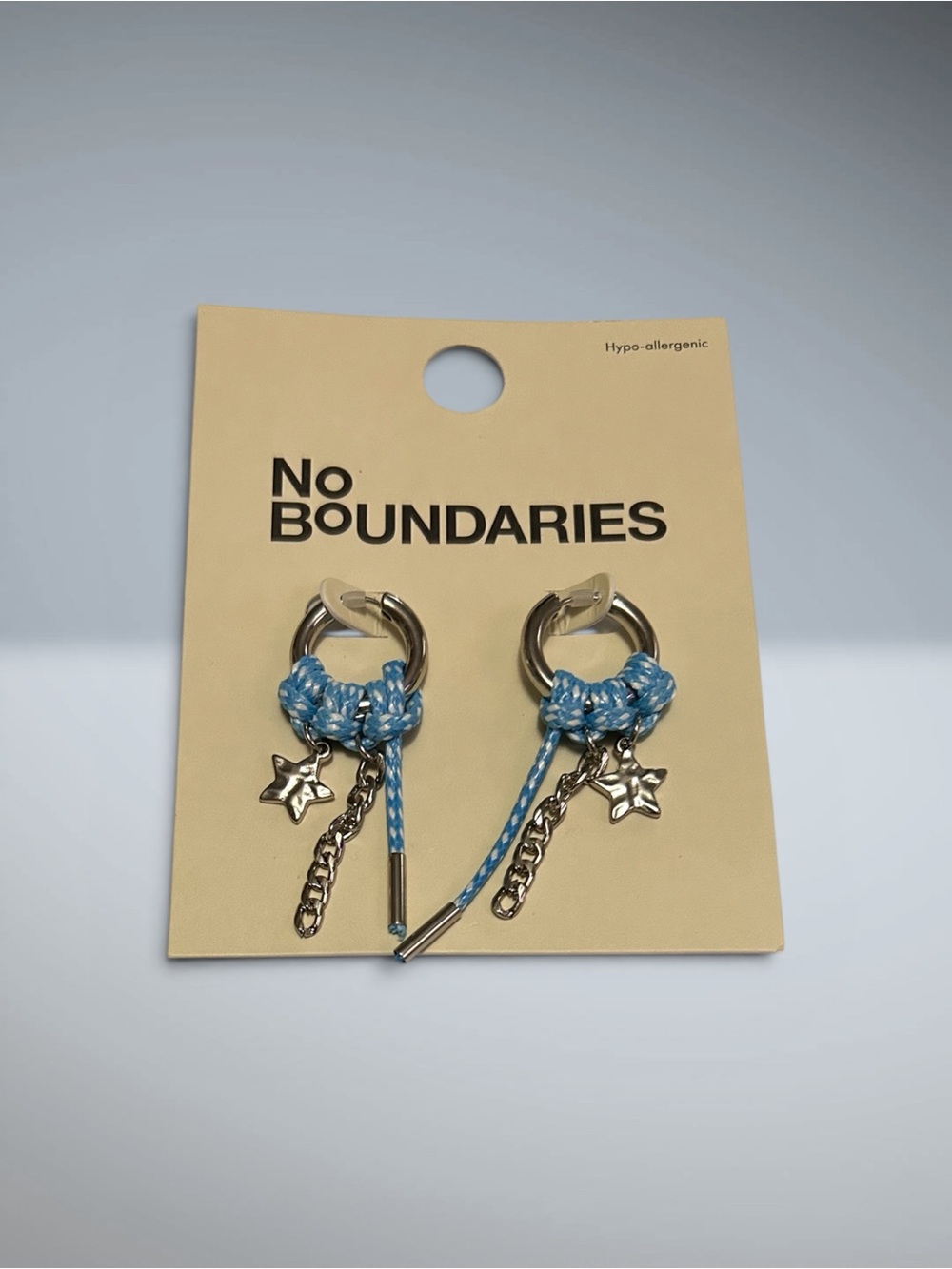 No Boundaries Silver Hoop Earrings with Light Blue Braided Cord & Star Drops